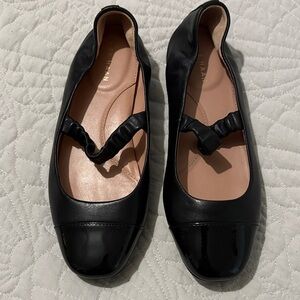 Cole Haan Black Leather Ballet Flats with Patent Cap-Toe